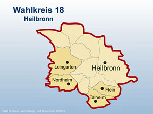Man sieht den Wahlkreis 18: Heilbronn, Leingarten, Nordheim, Flein und Talheim.