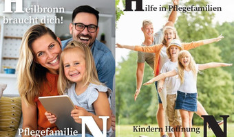 Das Bild zeigt zwei Postkartenmotive des Pflegekinderdienstes der Stadt, auf denen Eltern mit Kindern und den Logo-Buchstaben H und N abgebildet sind.