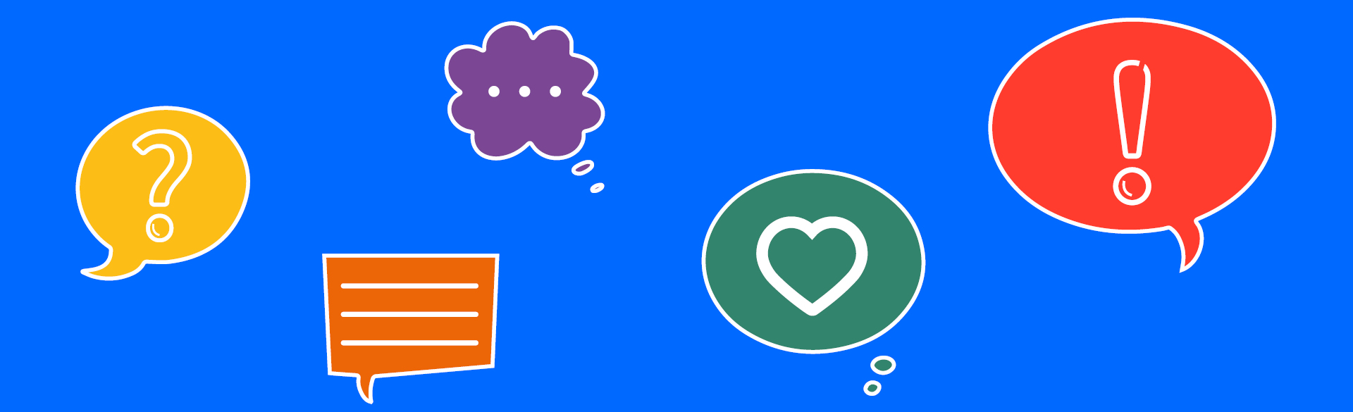 Header Bürgerbeteiligung: Man sieht verschiedene Symbole wie ein Fragezeichen, ein Ausrufezeichen, Gedanken- und Sprechblasen auf einem blauen Hintergrund.