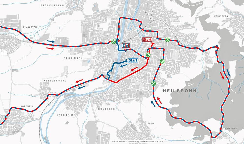 Das Bild zeigt eine Stadtkarte von Heilbronn und Umgebung. Die blaue Linie markiert den Streckenverlauf der Lidl Deutschland Tour durch das Stadtgebiet. Die rote Linie markiert den Streckenverlauf der ADAC Cycling Tour. Wo die Linie gestrichelt ist, verlaufen die beiden Touren auf derselben Strecke. Die Strecke führt durch verschiedene Stadtteile. Die Darstellung gibt einen Überblick über den Verlauf des Radrennens im Stadtgebiet.