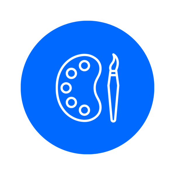 Ein weißes Icon auf einem blauen Kreis. Es zeigt eine Farbpalette und einen Pinsel.