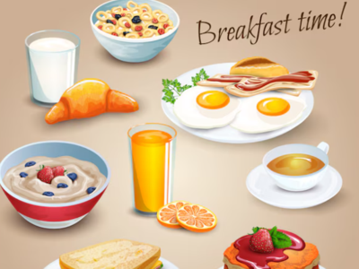 Man sieht verschiedene Lebensmittel zum Frühstück, u.a. Müslischale, Croissant, Tee und Orangensaft.