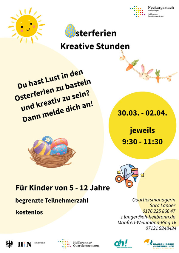 Osterferien Kreative Stunden: vom 30. März bis 2. April, jeweils von 9.30 Uhr bis 11.30 Uhr für Kinder von 5 bis 12 Jahren. Kostenlose Teilnahme. Anmeldung im Quartiersbüro erforderlich.