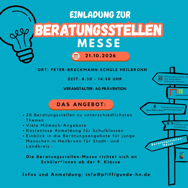 Beratungsstellen-Messe 2026 in der Peter-Bruckmann-Schule, 8:30 Uhr bis 14:30 Uhr