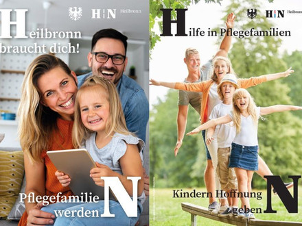 Das Bild zeigt zwei Postkartenmotive des Pflegekinderdienstes der Stadt, auf denen Eltern mit Kindern und den Logo-Buchstaben H und N abgebildet sind.