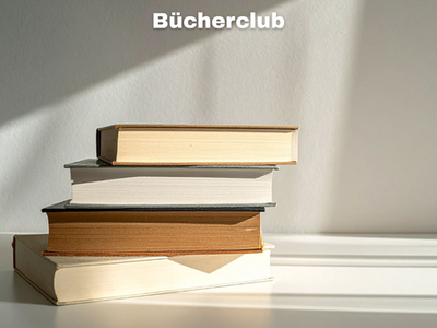 Man sieht vier aufeinendergestapelte Bücher. Die Überschrift Bücherclub ist zu sehen.
