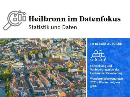 Das Bild zeigt die Titelseite der Broschüre "Heilbronn im Datenfokus", mit der die Stadt Informationen zur Entwicklung von Heilbronn anschaulich aufberrreitet.