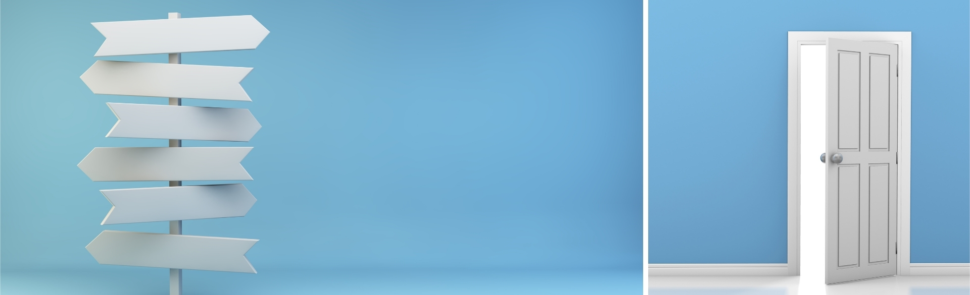 Ein Wegweiser und eine Tür auf blauem Grund