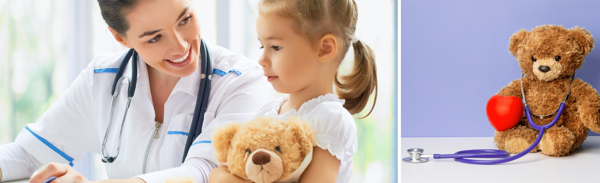 Eine Ärztin spricht mit einem kleinen Mädchen. Ein Bär hat ein Stetoskop um.