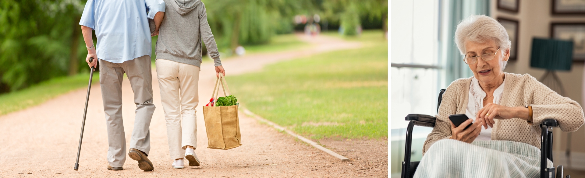 Zwei Fotos. Links sieht man einen älteren Mann und eine junge Frau. Die Frau trägt Einkäufe. Rechts sieht man eine ältere Dame die am Smartphone tippt.