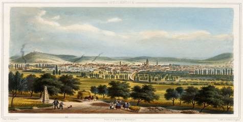 Ansicht der Stadt von Westen. Kolorierte Lithographie um 1855 von Johannes Läpple (Stadtarchiv Heilbronn E005-906)